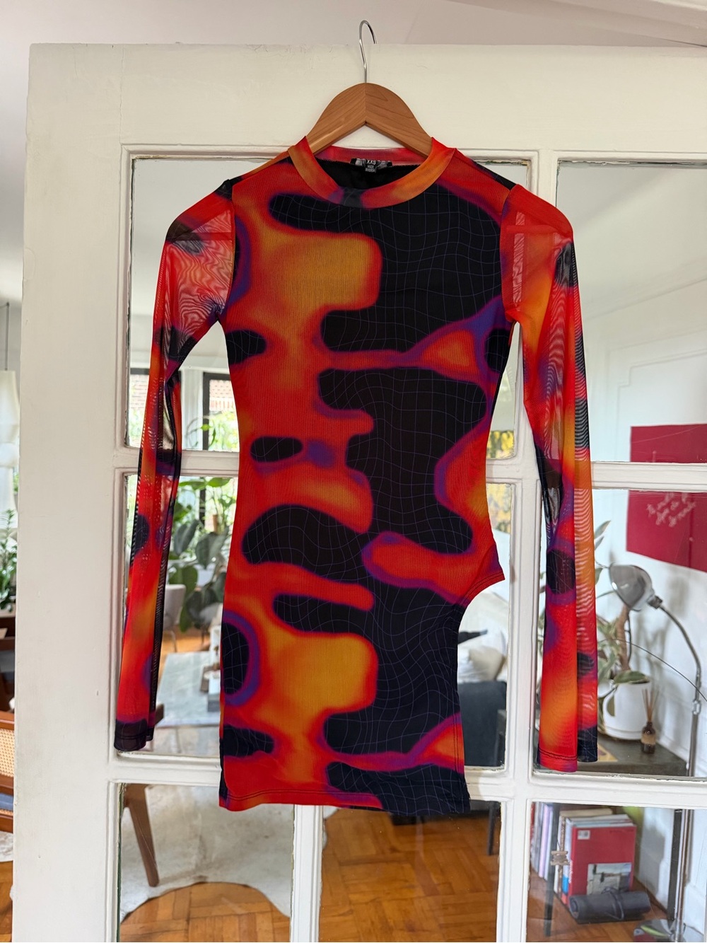 POSTER GIRL Red, Black & Orange Long-Sleeve Mesh Bodycon Top